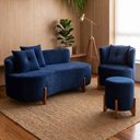 Ver imagem 1 de Kit Decorativo Sofá Curvo Orgânico + 01 Puff e Poltrona Luna Veludo Azul Marinho - Montanaris Decor