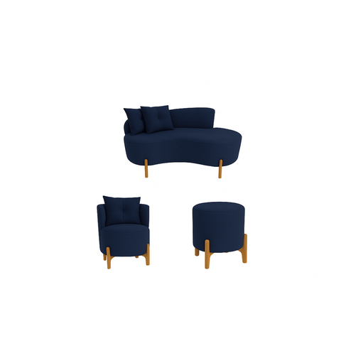 Kit Decorativo Sofá Curvo Orgânico + 01 Puff e Poltrona Luna Veludo Azul Marinho - Montanaris Decor