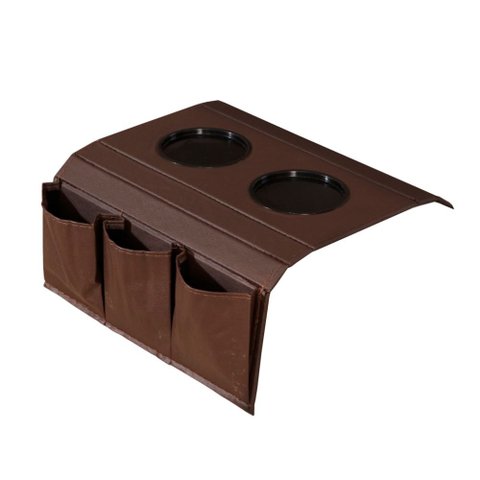 Bandeja Esteira para Braço de Sofá de Couro Marrom com Porta Controle