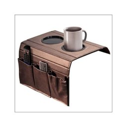 Bandeja Esteira para Braço de Sofá de Couro Marrom com Porta Controle - 2