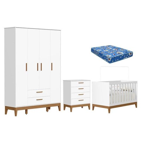 Quarto de Bebê Flip Guarda Roupa 4p Branco Acetinado com Colchão Ortobom - Reller