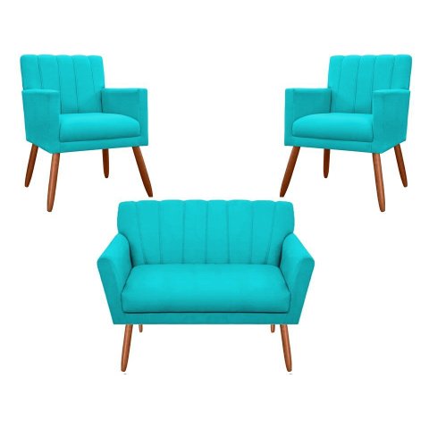 Kit Namoradeira + 2 Poltronas Decorativa Cecília Suede Azul Tifany Pés Madeira Ms Decor