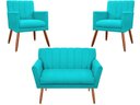 Ver imagem 1 de Kit Namoradeira + 2 Poltronas Decorativa Cecília Suede Azul Tifany Pés Madeira Ms Decor