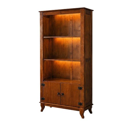 Estante Livreiro Escritório Madeira Maciça com LED 2 Portas Prateleiras Rubi Imperial Castanho