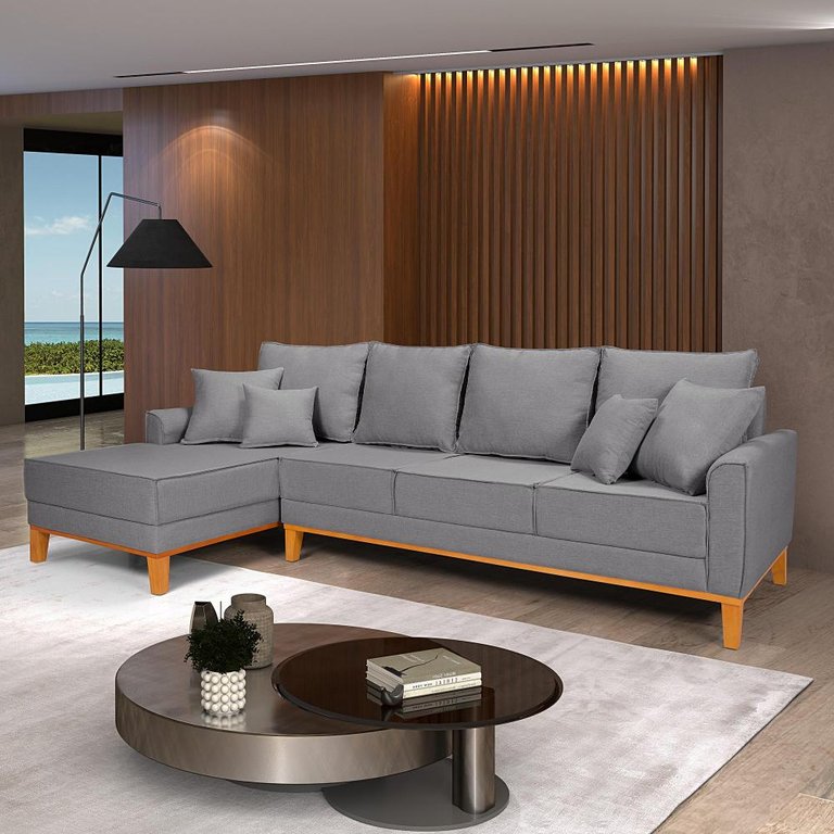Sofá Beny 4 Lugares com Chaise Base Madeira Linho Império Estofados