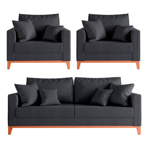 Kit Sofá 2 Lugares e 2 Poltronas Beny com Base de Madeira - Linho