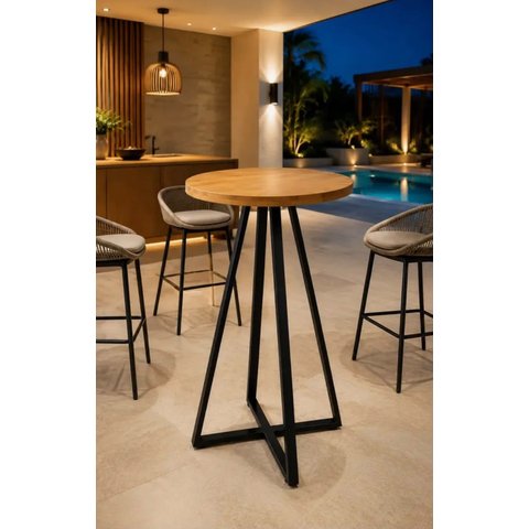 Mesa Bistrô Alta 60cm Redonda Madeira Maciça Ferro Área Restaurante Bar