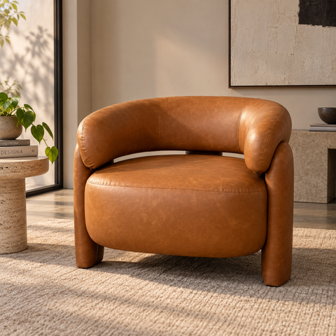 Poltrona Curva Orgânica Moderna Corino Caramelo Sala Quarto Recepção Escritório Premium Luna Divani