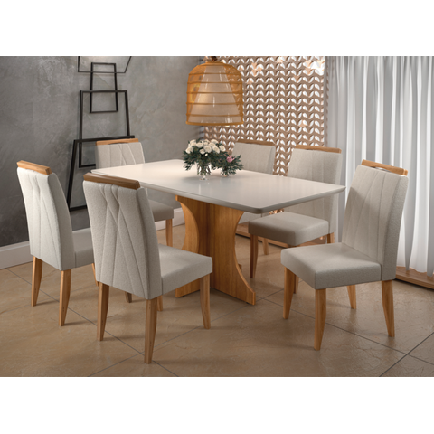 Sala de Jantar Londres 160cm c/Vidro com 6 Cadeiras Madeira Maciça Siena Cinamomo/Off Linho Cru