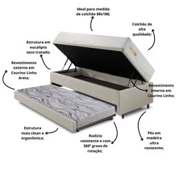 Bicama Box Baú Courino Linho 88x188 com Colchão Ecoline D33 Ecoflex - 6