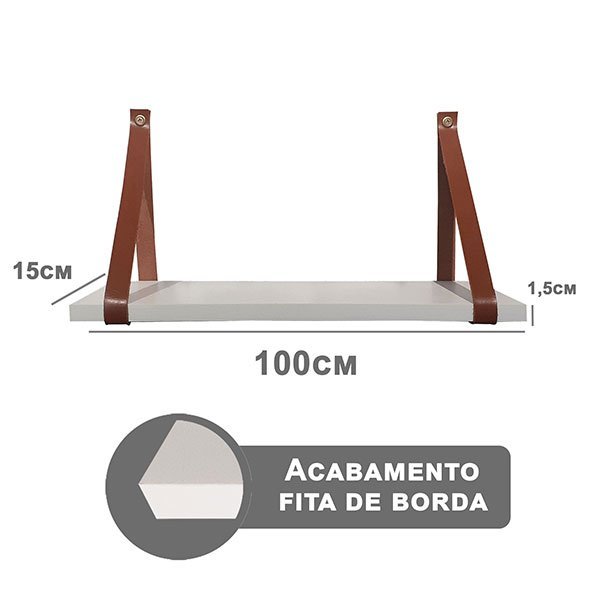 Prateleira Branca em Mdf 100x15cm com Alça Caramelo - 3