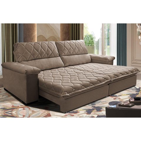 Sofá Retrátil e Reclinável 2,75m Molas Ensacadas Cama inBox Big Home com Bordado 3D Velusoft