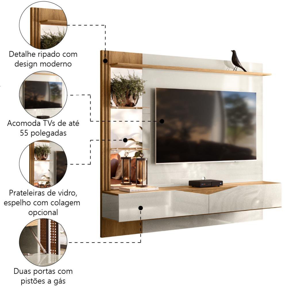 Painel para TV até 55 Polegadas com Espelho 1,83m Turim Off White Perolizado/Freijó Lukaliam - 4