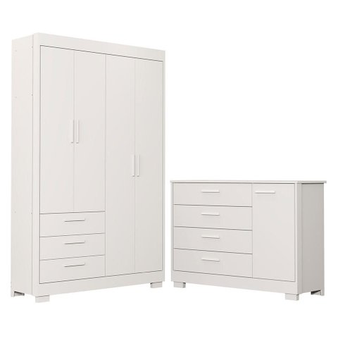 Quarto de Bebê Guarda Roupa Zaki + Cômoda Infantil 1 Porta e 4 Gavetas Branco Fosco