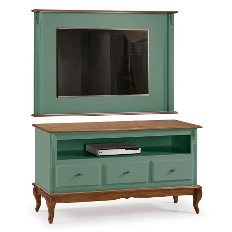 Rack com Painel para Sala 150cm Pés Luis Xv 3 Gavetas e Nicho - Verde Musgo/imbuia Glazer