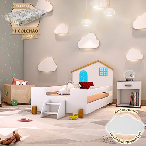 Cama Infantil Juvenil Belissima Azul com Luminária e Colchão para Quarto Infantil - Branco/amêndoa