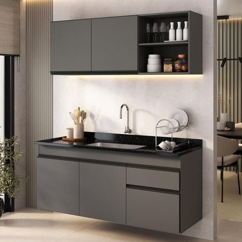 Armário Cozinha Modulada Compacta Suspensa com Pia 150cm Milano Multimóveis MCR2481 Grafite/Preto