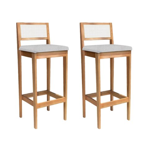 Kit 2 Banquetas Madeira Mel com Linho Prata Churrasqueira Encosto em Trama