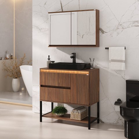 Conjunto Adelaide 90cm com Pés Espelheira Cuba Aurora Preta - Fabribam Cacau
