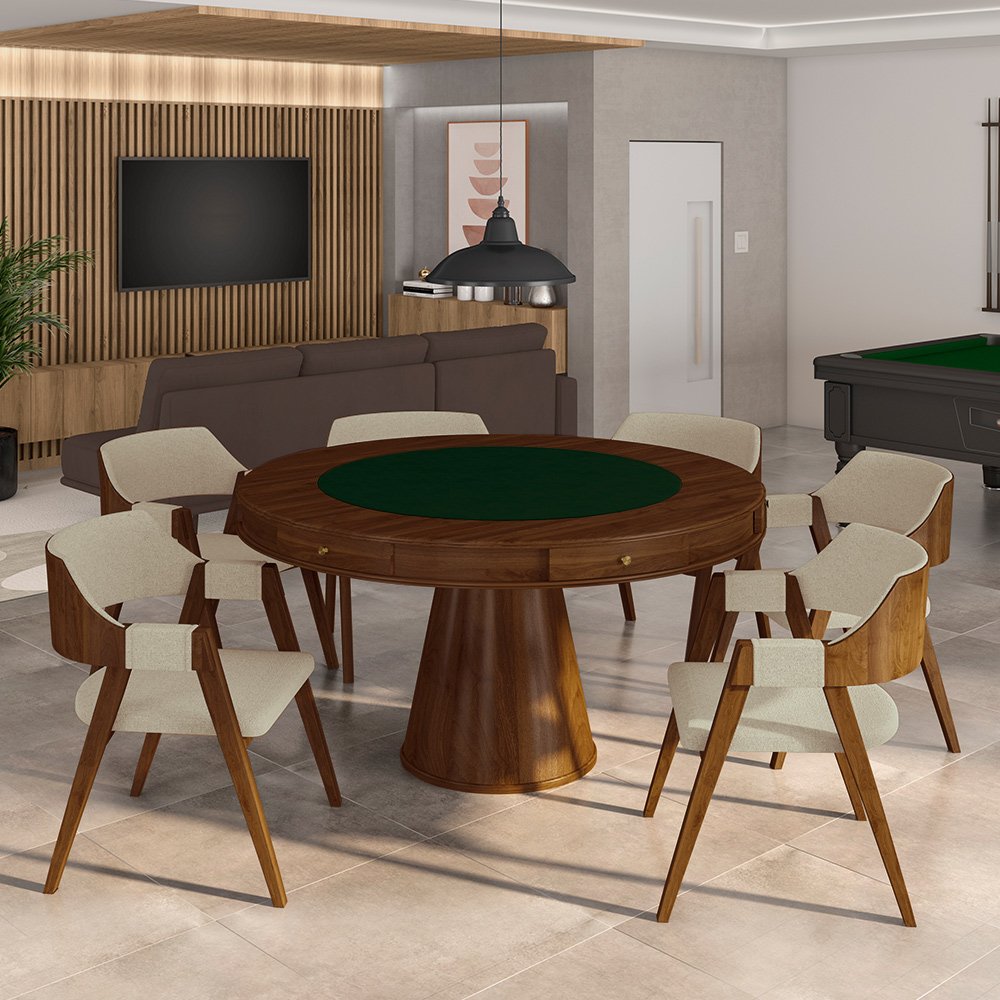 Conjunto Mesa de Jogos Carteado Bellagio Tampo Reversível Verde e 6 Cadeiras Madeira Poker Base Cone