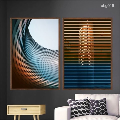 Kit 02 Quadros Abstrato Moderno Persiana Espiral Azul e Laranja Abg016 Tela Canvas 40x60cm Cada