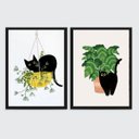 Ver imagem 1 de Kit 2 Quadros Decorativos Gato E Plantas 24x18cm - com vidro:Madeira branca