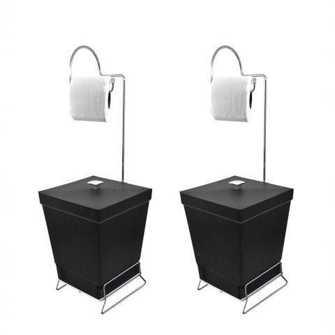 Kit 2 Lixeiras com Suporte de Papel Higiênico - Stolf Preto + Preto