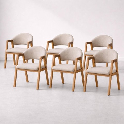 Kit 6 Cadeiras de Jantar Allegra Madeira Maciça Estofada Tecido p/ Sala Confortavel Moderna:Linho Be