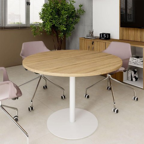 Mesa de Reunião Circular 110cm Pé Disco Metálico F5 Office Cor:macadâmia com Branco