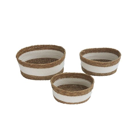 Conjunto 3 Cestos Decorativos em Fibra Vegetal e Algodão Branco Qj3002 Btc