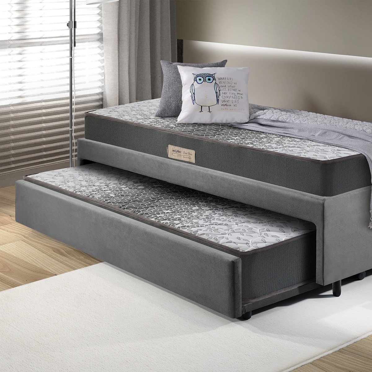 Bicama Box Solteiro 88x188 Suede Cinza com Dois Colchões de Espuma Dual Firm Ecoflex - 1