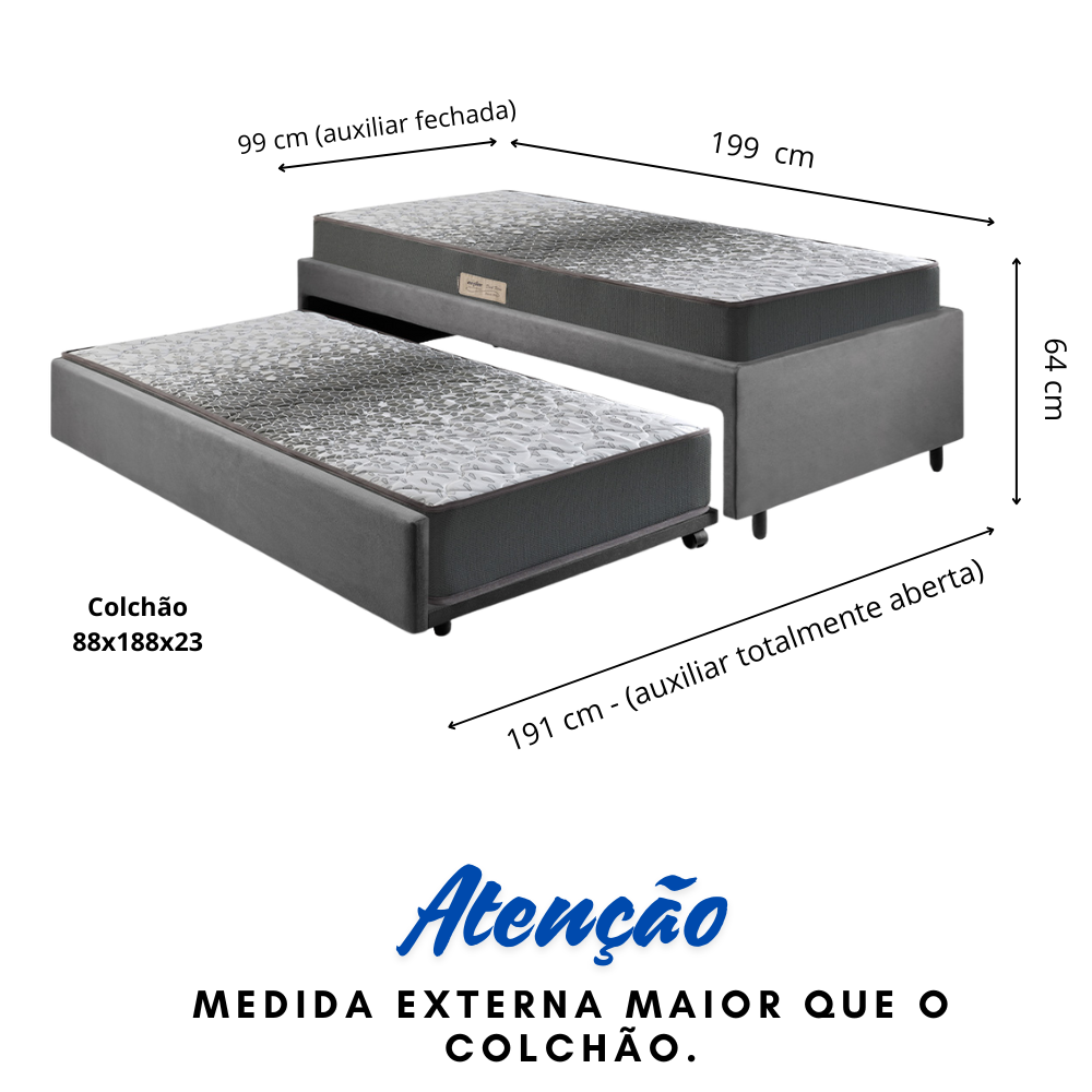 Bicama Box Solteiro 88x188 Suede Cinza com Dois Colchões de Espuma Dual Firm Ecoflex - 2