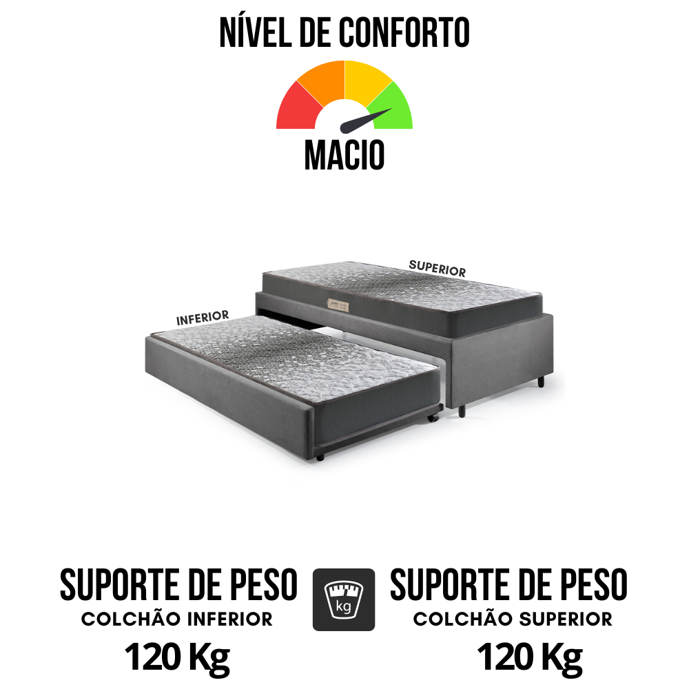 Bicama Box Solteiro 88x188 Suede Cinza com Dois Colchões de Espuma Dual Firm Ecoflex - 5