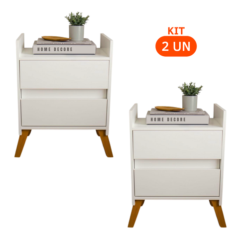 Jogo 2 Mesas de Canto Apoio Lateral Moderna Criado Organizador Branco Madeira C/ Gavetas Corrediças