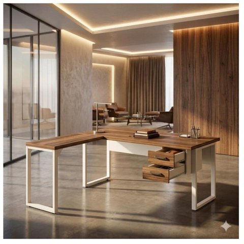 Mesa em L Pé Quadro (Mesa 1,70m + Mesa Auxiliar) c/ Gavetas Workstart - Nogal Sevilha/Champanhe