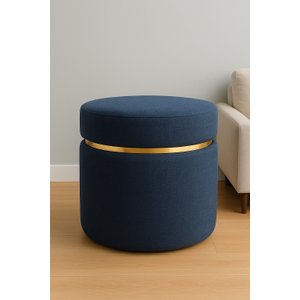 Puff com Cinta Dourada Superior Azul Tecido Linho