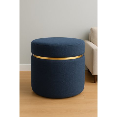 Puff com Cinta Dourada Superior Azul Tecido Linho