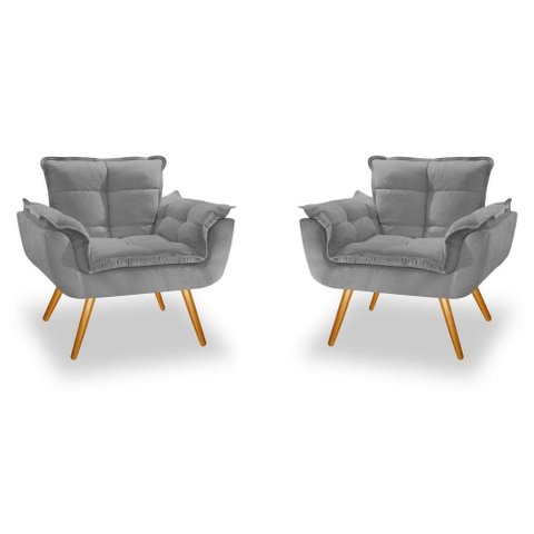 Kit 2 Poltronas Decorativas Opala Pés Palito Suede Cinza - Tenda House