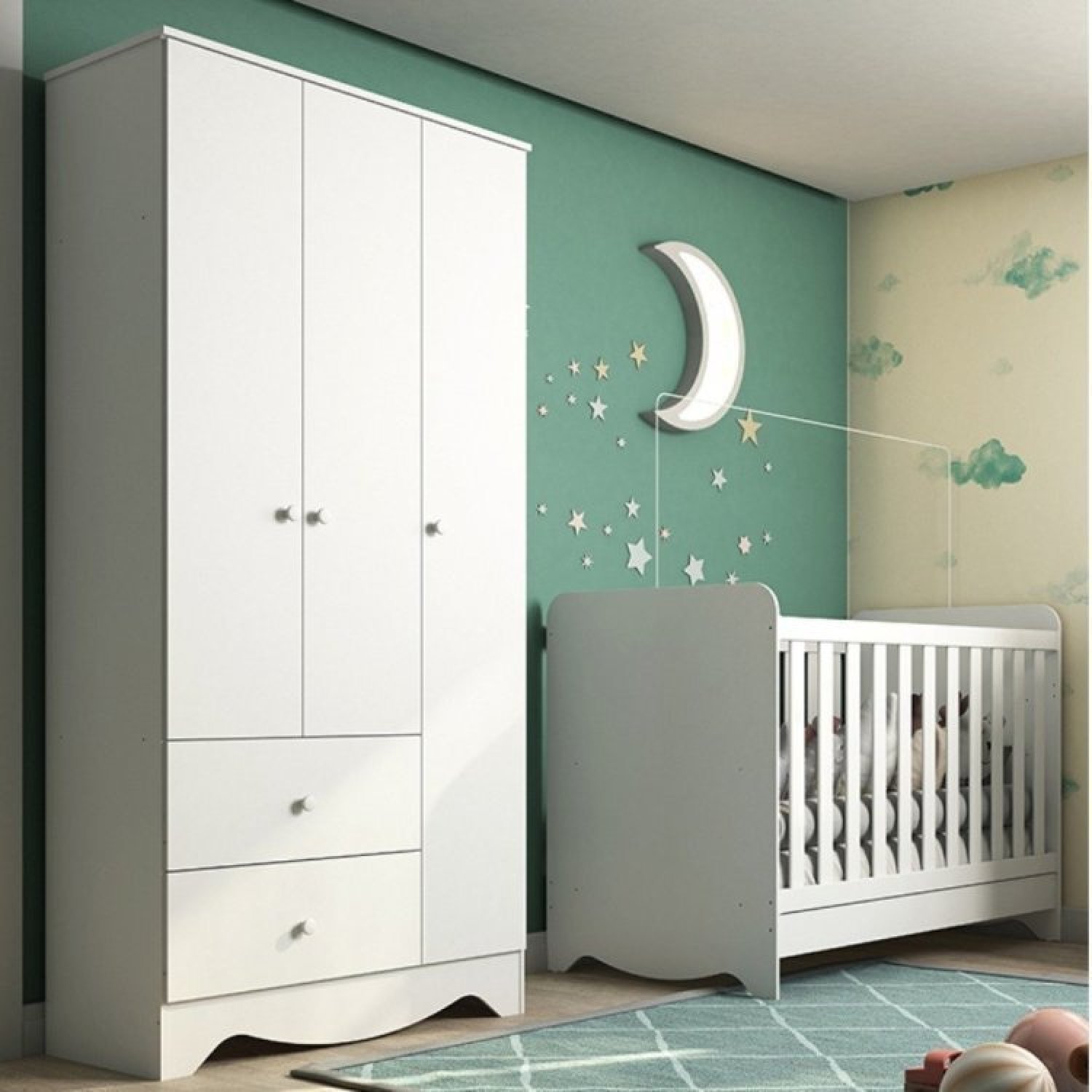 Berço Americano 3 Em 1 Mini Cama E Guarda Roupa Infantil 4 Portas 3 Gavetas Elegance 100 Mdf Branco Acetinado Fiorello