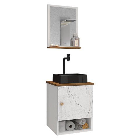Conjunto de Banheiro com Gabinete 1 Porta, Cuba com Valvula, Torneira e 1 Espelheira Lima