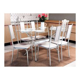 Conjunto: Mesa Sala Jantar Loire c/ Tampo Vidro 150cm + 6 Cadeiras Lisboa Cromado/Courano Branco - - 1