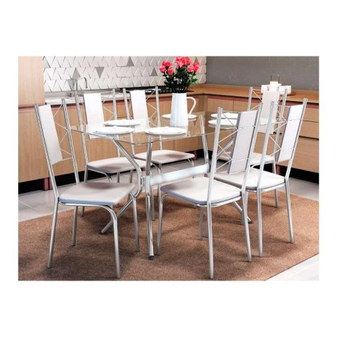 Conjunto: Mesa Sala Jantar Loire c/ Tampo Vidro 150cm + 6 Cadeiras Lisboa Cromado/Courano Branco -