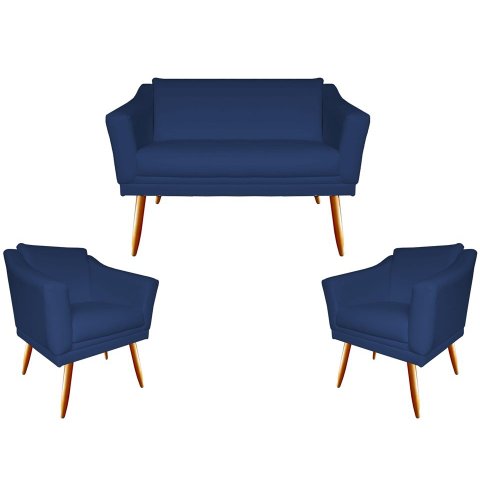Kit Namoradeira + 2 Poltronas Decorativa Agatha Suede Azul Marinho Pés Madeira Mz Decor