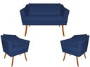 Ver imagem 1 de Kit Namoradeira + 2 Poltronas Decorativa Agatha Suede Azul Marinho Pés Madeira Mz Decor