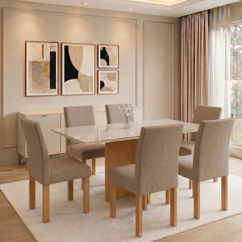 Conjunto de Mesa 6 Lugares com Tampo de Vidro 160x80cm Espanha Cinamomo e Off White