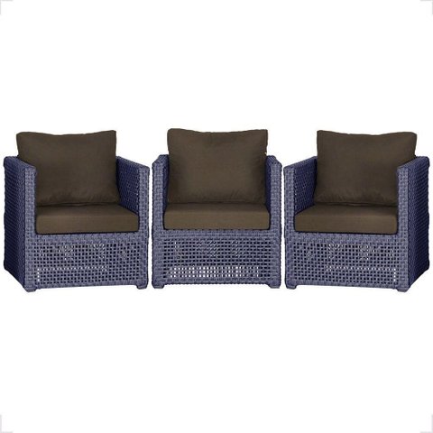 3 Poltronas Madri Alumínio Corda Náutica Estofado 9 Trama Azul