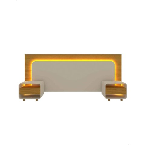 Conjunto Cabeceira Box Regulável com Duas Mesas LED Niara Cor:Madeira