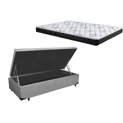 Cama Box Baú Solteiro Conforto Suede Cinza + Colchão Solteiro Conforto Espuma D33 14x88x188