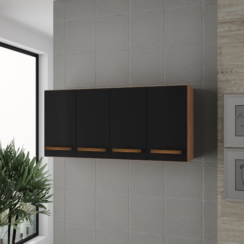 Armário Aéreo Mara 1,20m 4 Portas para Cozinha Cor:savana / Preto