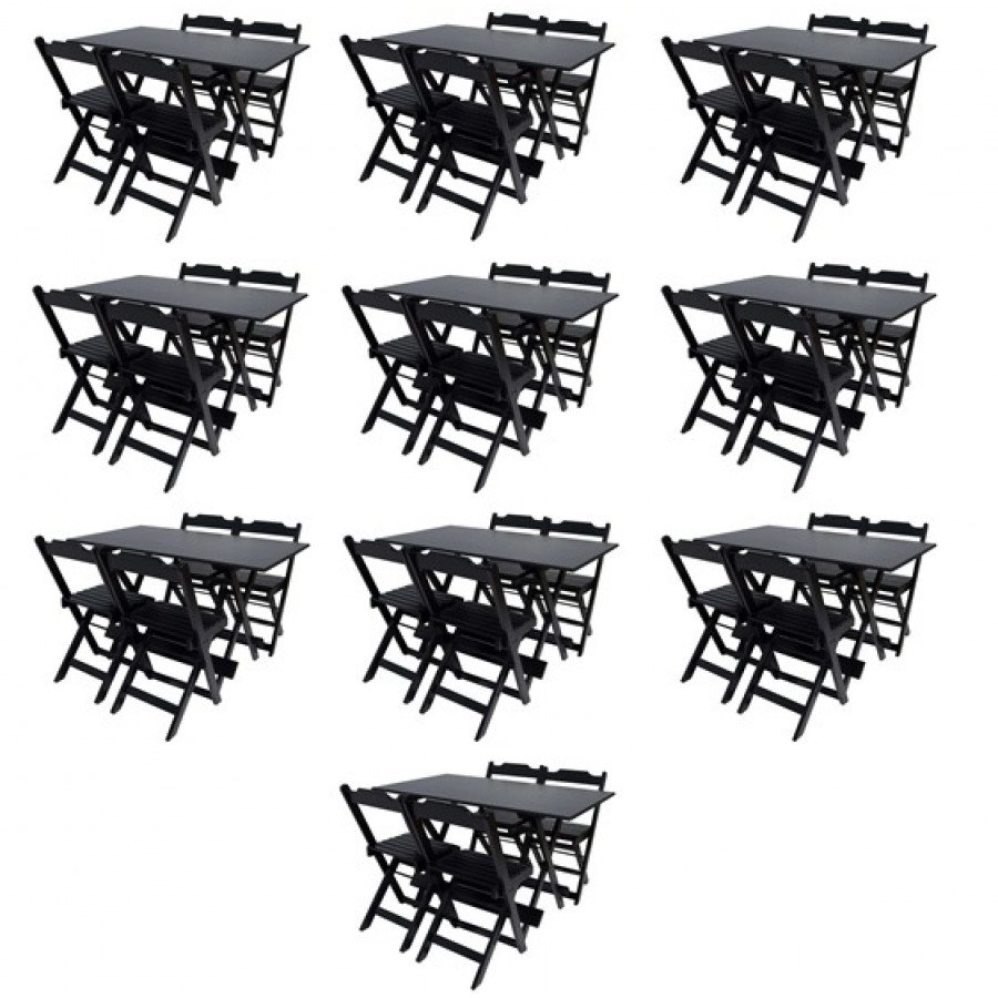 Kit com 10 Conjuntos Mesa 120x70 Com 4 Cadeiras Dobráveis - DG Móveis:Preto